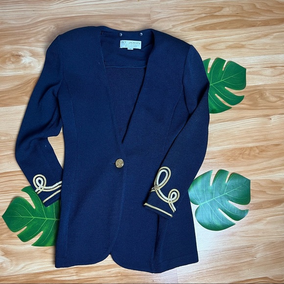 ST JOHN Vintage Signature Knit Navy Jacket with removable white collar size 2 - Picture 8 of 9